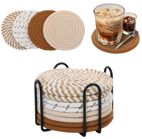 Taoyoule Set de 8 Posavasos Redondos para Vasos con Soporte, de Algodón Trenzado para Bebidas Posavasos Antideslizantes (11cm)
