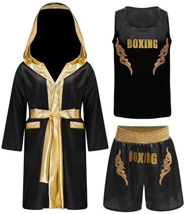 Zaldita Conjunto de ropa para niños Muay Thai, para artes marciales, boxeo, boxeador, abrigo, camiseta sin mangas, con abertura lateral, negro y dorado, 158-164