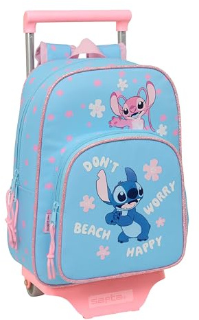 Safta STITCH HAPPY - Sac à dos pour enfant avec chariot 705, idéal pour enfants de différents âges, confortable et polyvalent, qualité et résistance, 26 x 11 x 34 cm, bleu ciel, M, Décontracté
