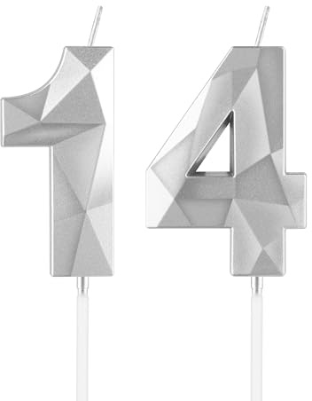 mciskin Silver 14th Birthday Candles, 14th Birthday Decorations for Girl Boy,3D Number 14 Candles for Cake, Pearl Silver Candle Cake Topper Decorations for Birthday Party Weddings Anniversary Supplies