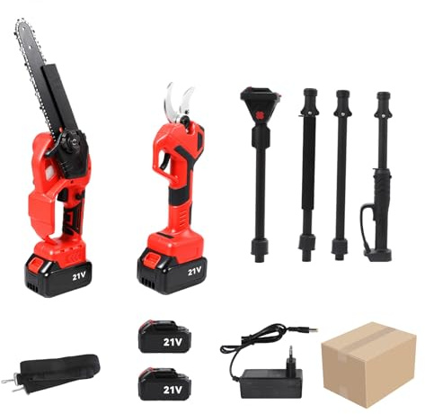 3 en 1 Mini Tronçonneuse et Sécateur électrique Sans Fil 3500W, Haute Perche Télescopique 2 M(6.56ft), Avec 2 x 1.5Ah Batteries, Tête Pivotante à 180° Secateur pour Jardin, Branches, Arbustes (A)