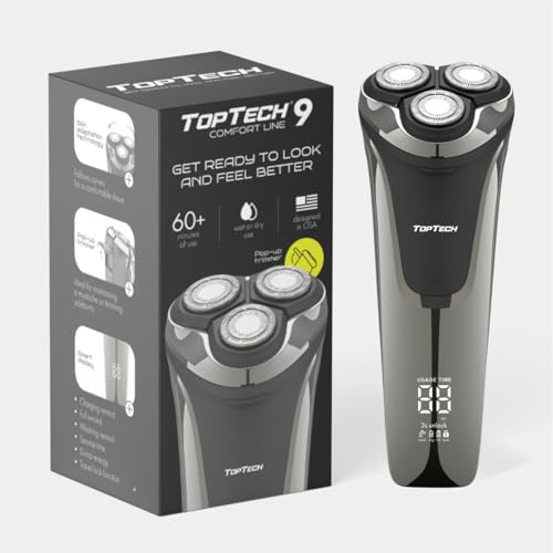 Electric Shaver for Men â TT Comfort Line 9, Wet Dry Waterproof, Rotary Triple Head, USB-C Rechargeable Electric Razor, 60 Min Runtime, Pop-Up Trimmer