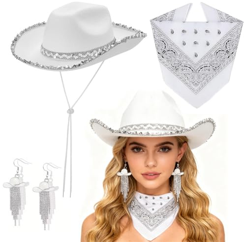 JhavexToy 3pcs Chapeau de Cowboy Western - Déguisement pour Adultes avec boucles d'oreille et Bandana - Accessoires de Costume pour Noël et Carnaval