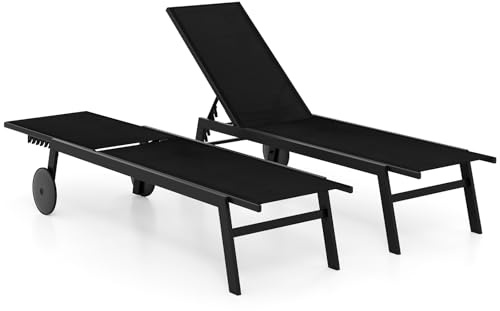 COSTWAY 1/2 Tumbonas Jardin Exterior con Ruedas, Tumbona Reclinable, Respaldo Ajustable en 6 Posiciones, Textilene, Espreguiçadeira Jardim Piscina Terraza Playa (Negro,2)