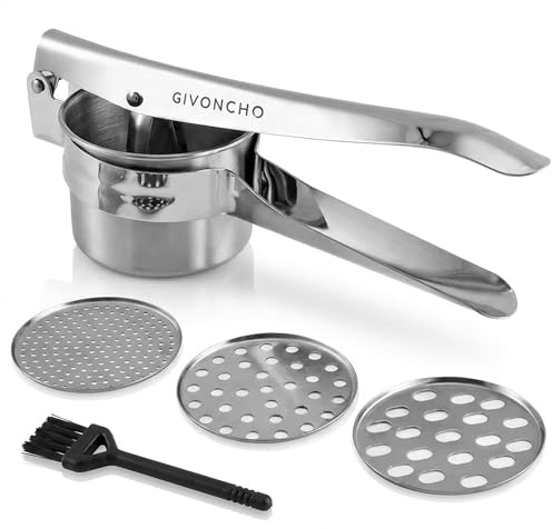 GIVONCHO 15 oz Stainless Steel Potato Ricer – Ergonomic Chef-Grade Potato Press with 3 Interchangeable Discs & Cleaning Brush, Dishwasher Safe for Potatoes, Vegetables & Baby Food