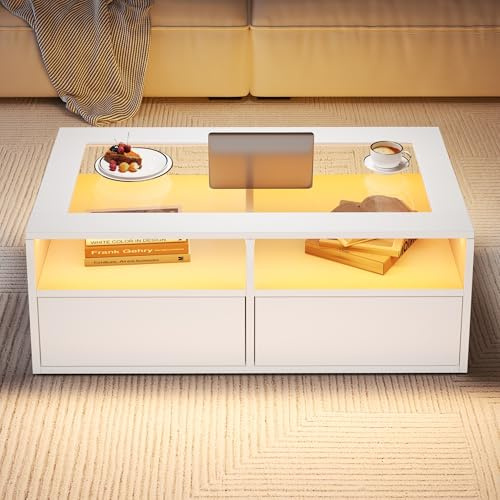 HaoChrymec Mesa de Centro de Vidrio y Tablero de Partículas con LED Integrado, 2 Cajones y Diseño de Dos Niveles, Estantería Abierta, para Salón y Oficina, Blanco, 100x50x35cm