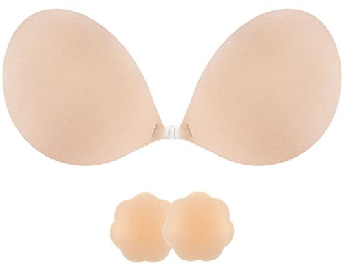 SHINYMOD Strapless Bra, Invisible Backless Bra Breast Lift Up Push Up Padded Sticky Bras Large Bigger Bust Self Adhensive Nipple Cover Reusable Bra for Wedding Dress Swimsuit Women, Beige, C