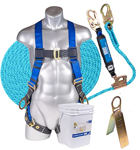 Palmer Safety Fall Protection Roofing Bucket Kit I Full-Body Harness, 50' Vertical Rope & Anchor Set I Construction Fall Arrest Kit for Roofers & Construction Workers I OSHA & ANSI Compliant Equipment