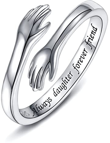 925 Sterling Silver Hug Rings for Women, I Love You Forever Love You Mother Gift Sister Gifts Engraved Words Hugging Hands Open Ring Friendship Jewelry Gift