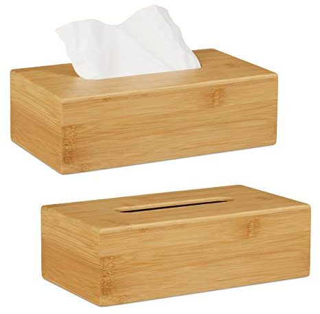 Relaxdays 2 x Kosmetiktücherbox Bambus, HBT: 8,5 x 27,5 x 15,5 cm, Tuchspender für Taschentücher u. Kosmetiktücher, Natur