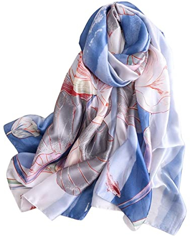 WEIGEER Écharpe en soie - Foulard mince femmes - Châle plage - Silk Scarf Women - Chiffon Shawl - Lotus Scarf - White, Rose (Bleu/Gris)
