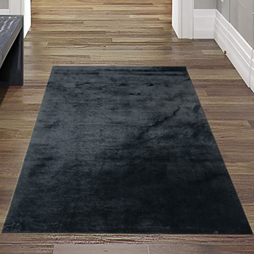 Teppich Vorleger Garderobe Schrank oder Spiegel, weicher Flokati Badezimmer waschbar, in schwarz, 80x150 cm