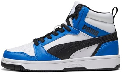 PUMA Unisex Kinder Rebound V6 Mid Jr Sneaker, Puma White Puma Black Racing Blue, 38 EU