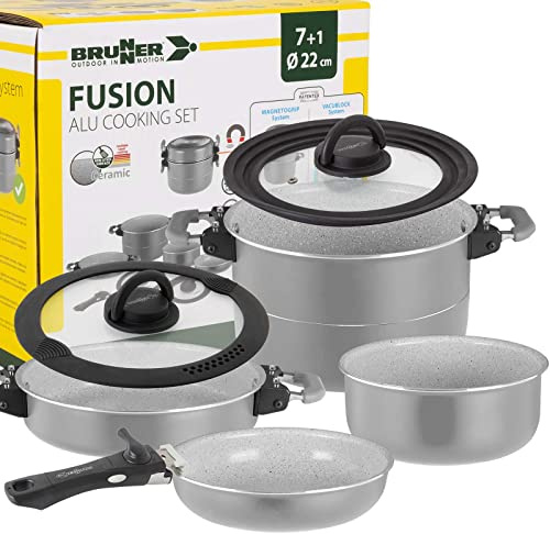 BRUNNER: Camping Topf-Set (Kochtöpfe, Bratpfanne, Deckel & Griff) FUSION 7+1-teilig (22-cm Durchmesser) Gas-Kocher, Elektro-Herd & Induktion - Für 2-4 Personen
