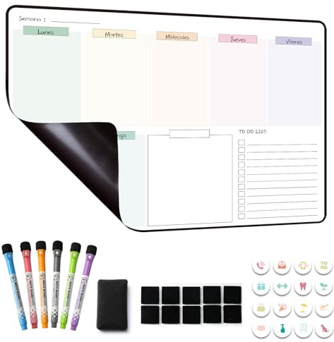 MCCORL Planificador Semanal Magnetico,Pizarra Nevera Magnetica,Organizador Semanal,Calendario Semanal Planificador Magnetico Nevera 42×28cm - en español