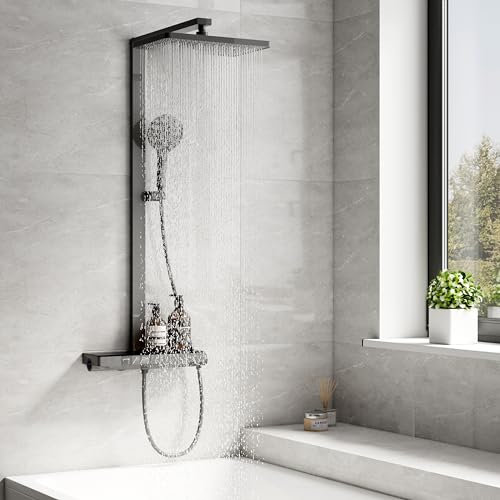 EMKE Duschsystem mit Thermostat Duschsystem Regendusche, Handbrause mit 4 in 1 Strahlstärken, mit 40cm Thermostatische Platte, Brausestange, Duschsystem,Regendusche mit thermostat,Anthrazit Matt