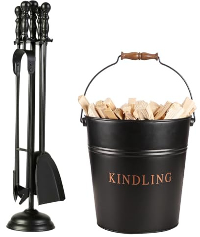 5 Piece Fireplace Accessories Set - Coal Scuttle Kindling Bucket & 4pc Fireside Companion Set Recycled Iron Matte Black Hearth Tidy Fireplace Tools Log Fire Accessories (Tools & Kindling Bucket)
