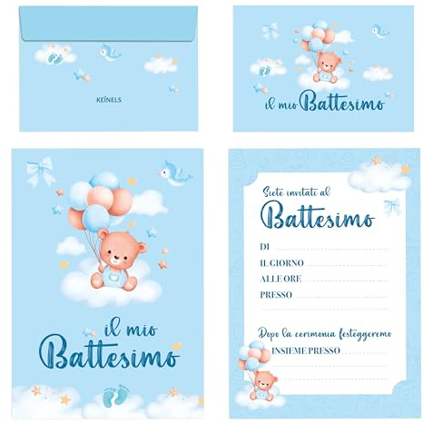 20 Pz Inviti Battesimo Bimbo con Buste Il Mio Battesimo Orsacchiotto Azzurro Originali – 20 Biglietti e 20 Buste Inviti Battesimo Bambino