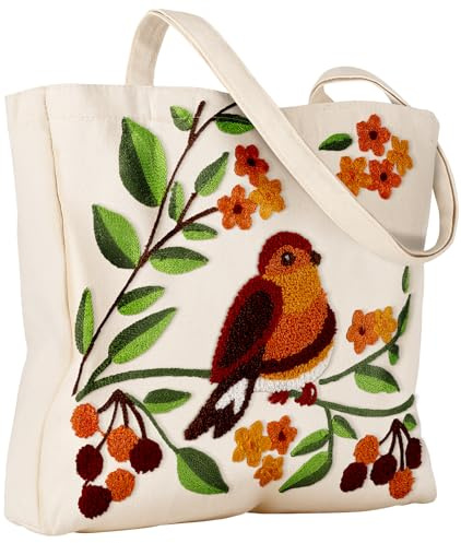 Miss Adola Aesthetic Embroidery Tote Bag for Women - Reusable Canvas Cloth Shoulder Bag with Cute 3d Bird Plants Embroidered Designer Shopping Bag for Grocery, Work, Book, Vacation