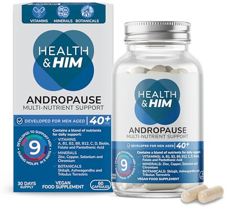 Health & Him Andropause 40+ Supplements for Men - with Zinc, Shilajit & Ashwagandha - Vegan, Gluten-Free. Mens Multivitamin - 60 Capsules