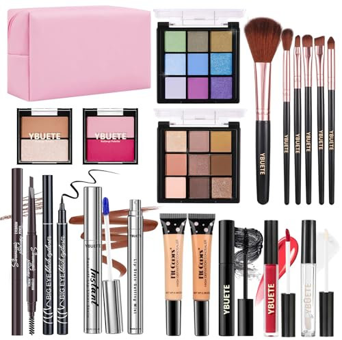 YBUETE Makeup Full Kit for Beginners Girls Women, Travel Makeup Set Present for Her,Cosmetic Set Include Eyeshadow Blush Lip Gloss Peel Off Lip Stain Eyeliner Mascara Eyebrow Pencil Cosmetic Bag
