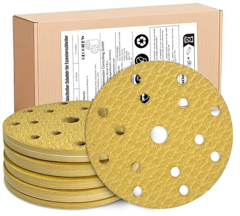 GEOGIEEW 50 stycken slippapper 150 mm kardborreband (80 korn) | högkvalitativa slipskivor 15 hål med aluminiumoxid och latexpappersbas | Kompatibel med excenterslipmaskin