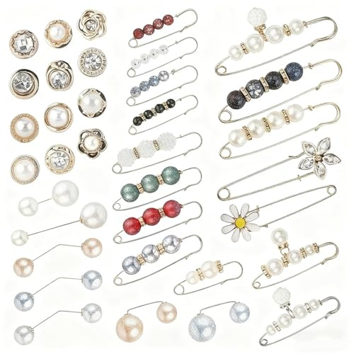 Dryxog 35 Pezzi Spilla con Perle Artificiali Alla Moda Gioielli Donna Resistenti Bottoni Gioiello Fantasiose Spilla da Balia Fibbie per Cinture Spille Gioiello per Vestiti Decorazioni
