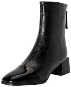 Generico Stivaletti Donna Pelle Verniciata Punta Quadrata Tacco Medio Largo Zip Posteriore Confortevoli Antiscivolo Resistente Casual Ufficio Scarpe,Nero,38.5 EU