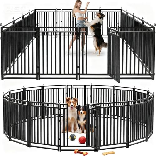 Petorldog Dog Fence Outdoor Indoor, 47 Inch Height 16 Panels Dog Playpen for Large/Medium/Small Dogs Metal Dog Pen for Yard Camping and RV | Black-Silver
