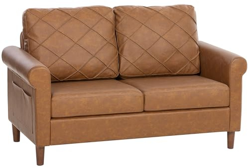 HOMCOM Sofá de 2 Plazas, Sofá Moderno, Tapizado en PU, Cojín Grueso, Respaldo con Costuras, Asiento Amplio, Patas de Madera Maciza para Salón, Dormitorio y Oficina, 134x71x82 cm, Marrón
