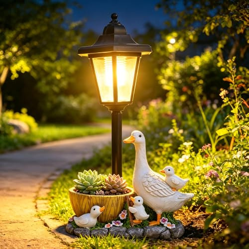 XEERUN Statue di anatra da giardino con lanterna solare, vaso di fiori decorazione per esterni, statuette di anatre sculture artistiche da cortile, statua animale ornamenti da giardino all'aperto per