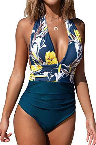 CUPSHE Damen Badeanzug Neckholder V-Ausschnitt Raffung Bauchweg Einteilige Bademode Swimsuit Indigoblau M