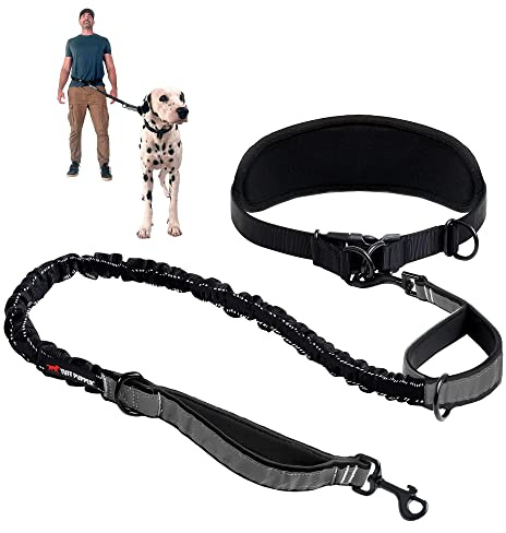 Tuff Pupper Heavy Duty Hands Free Dog Leash | One Large Dog Up to 125 lbs | Comfortable Shock Absorbing Bungee | Reflective Padded Handles | Lumbar Waist Belt 26-38 | Walking Jogging Running Leash