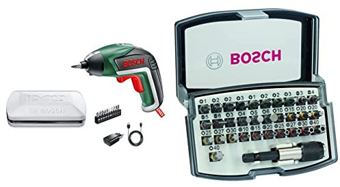 Bosch Akkuschrauber IXO (5. Generation, in Aufbewahrungsbox), Klassisch grün + 32tlg. Schrauberbit Set Extra Hart (Kreuzschlitz-, Pozidriv-, Hex-, T-, TH-, S-Bit, Zubehör)