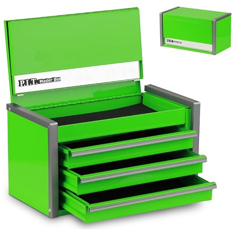 P.I.T. Mini Green Tool Box, Portable 3 Drawer Steel Stackable Tool Box with Magnetic Tab Locking, Green Micro Top Chest with Liner for Tools Storage and Organizers, Home DIY
