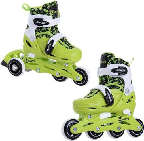 Madivo Dino Kinder Set 2in1 Inliner/Triskates VERSTELLBAR | ABEC-5 Rollschuhe | Inlineskates umbaubar zu Rollschuhe | Grün/Schwarz | Größen: 26-29, 30-33 (XS (26-29))