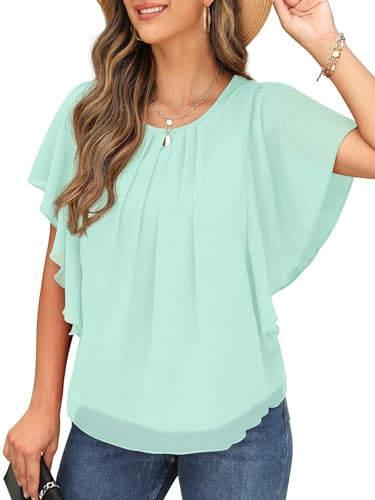 QIXING chiffong kortärmad blus damer sommar topp damer elegant rund hals fladdermusärm tunika, 03 ljusgrön, M