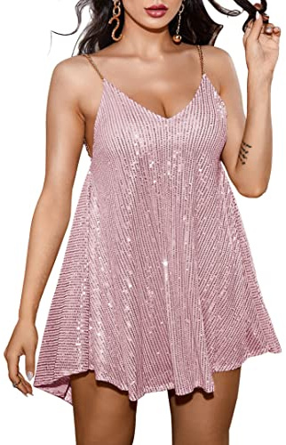 Wenrine Women's Sequin Dress Sexy V Neck Spaghetti Strap Backless Mini Dresses Club Party Dresses Pink