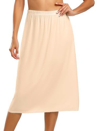 Vlazom Women's Half Slips Elegant Lace Petticoats Soft Modal Waist Slips Long Underskirt for Under Dresses Skirts Nude,L