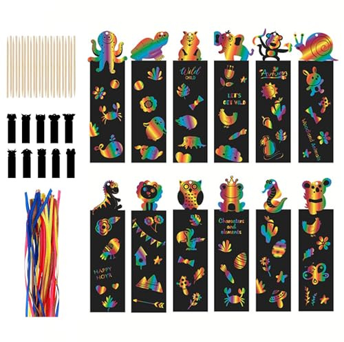 Werownsgso 24 Stück Kratzbilder,Tiere Kratzbilder Lesezeichen,Lesezeichen mit 24 Holzstiften und 24 Bändern，DIY Regenbogen Kratzlesezeichen für Party DIY Geschenkanhänger und Aktivitäten im Klassenzim