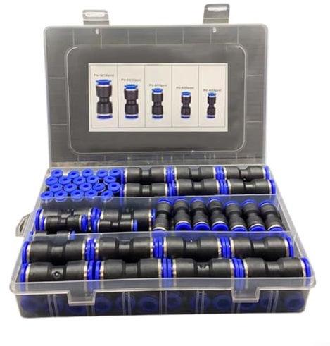 Zilimontt 80 Pcs Quick Release Plastic Pneumatic Air Line Fittings, Straight Push Connectors for 5/32 1/4 5/16 3/8 1/2 Inch Tube, 2-Way Push to Connect Fittings Kit, for PU PA PE PVC Nylon Tubes