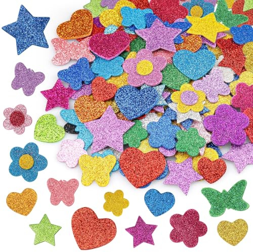 Suofuolef Glitzernde Schaumstoff Aufkleber, 4 Muster Bunte Sterne, Herz, Schmetterlinge, Blumen Aufkleber für Kinder/Wand Dekoration/Basteln/Fertigkeit Dekoration