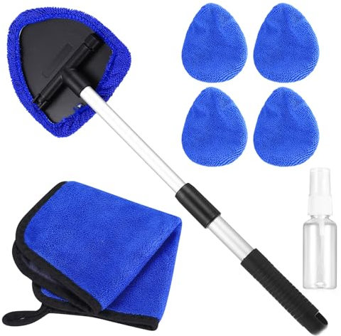 7 Pcs Brosse Nettoyage Voiture, Kit Nettoyant pour Pare-Brise Vitres, Pivotants à 180° Nettoyage de Pare-Brise avec Poignée Télescopique, Avec 4 Tampons en Microfibre, 1 Vaporisateur et 1 Serviette