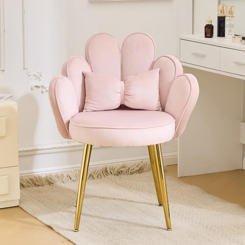 TactFire Fauteuil Salon, Chaise Coiffeuse, Dossier en Forme de Pétale, Fauteuil Chambre avec Coussin, Pieds en Métal (Rose)