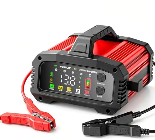 25A/15A Autobatterie Ladegerät,12V/24V Smart vollautomatische Batterie Ladegerät, Ladegerät Auto mit 8-Stufiger Ladung und LCD-Bildschirm für Auto Motorrad Rasenmäher Boot Marine Batterien (Rot)