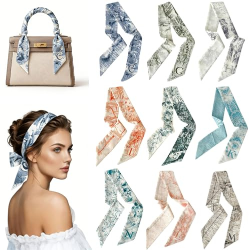Luxvara 9 Foulard Étroits en Soie pour Sac à Main,Foulard comme Bandeau Cheveux & Accessoire Sac,Léger à Nouer pour Cheveux, Sac ou Cou