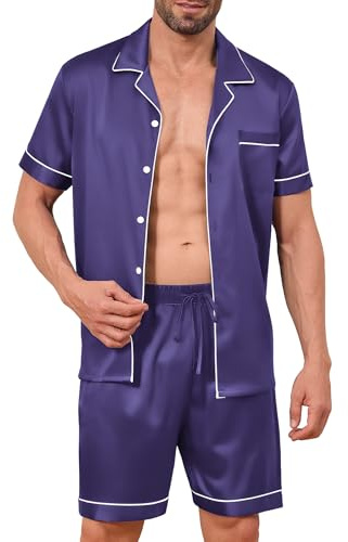 Elainone Ensemble Pyjama en Soie satinée pour Homme - Manches Courtes - Deux pièces - Vêtement de détente avec Boutons et Poches