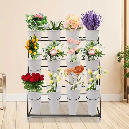 WUHGI Carrello portafiori con ripiano e secchi - Espositore per Piante a 3 Livelli con Ruote girevoli e Freno per fioristi da Interno/Esterno e da Giardino