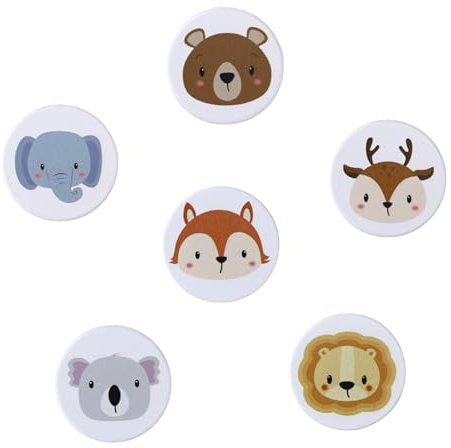 EUGENEKELLY Lot de 6 boutons d'armoire en bois pour chambre d'enfant, motif animal, ronds, boutons de meubles, boutons de tiroir avec vis, blancs
