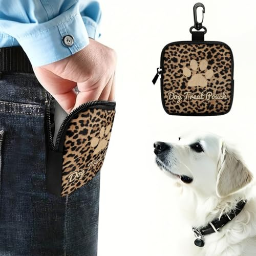 DSLUWA Sac Friandise Chien, Pochette Friandise Chien Portable avec Mousqueton pour Dressage et Éducation Canine, Mini Sacoche à Récompenses Motif Léopard, Idéal pour Promenades et Sorties, 10x10x2cm